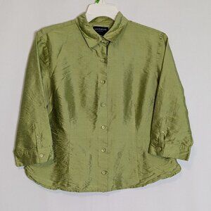 ANN TAYLOR Lime Green 100% Silk Short Slim Fit Button Blouse Top; Size 12P